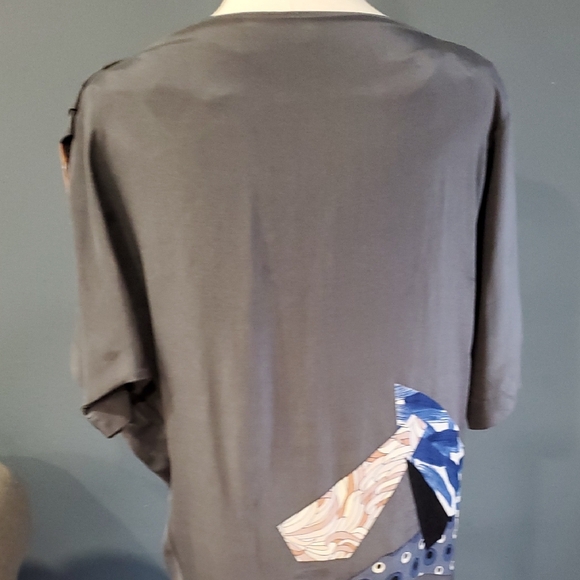 Rutzou Gray and Blue Silk  Sheath Artdeco  Dress with Dolman Sleeves - Picture 8 of 16